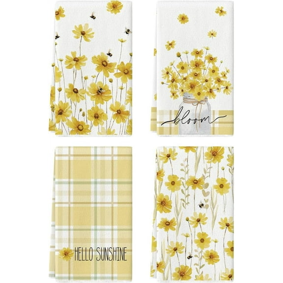 bamooi Yellow Floral Vase Spring Kitchen Towels Dish Towels, 18x26 Inch Hello Sunshine Seasonal Summer Decoration Hand Towels Set of 4