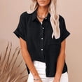 thumbnail image 2 of Womens Cotton Button Down Shirt Casual Short Sleeve Loose Fit Collared Linen Work Blouse Tops ,Button On Beach Tops Casual Blouses with Pocket, 2 of 5