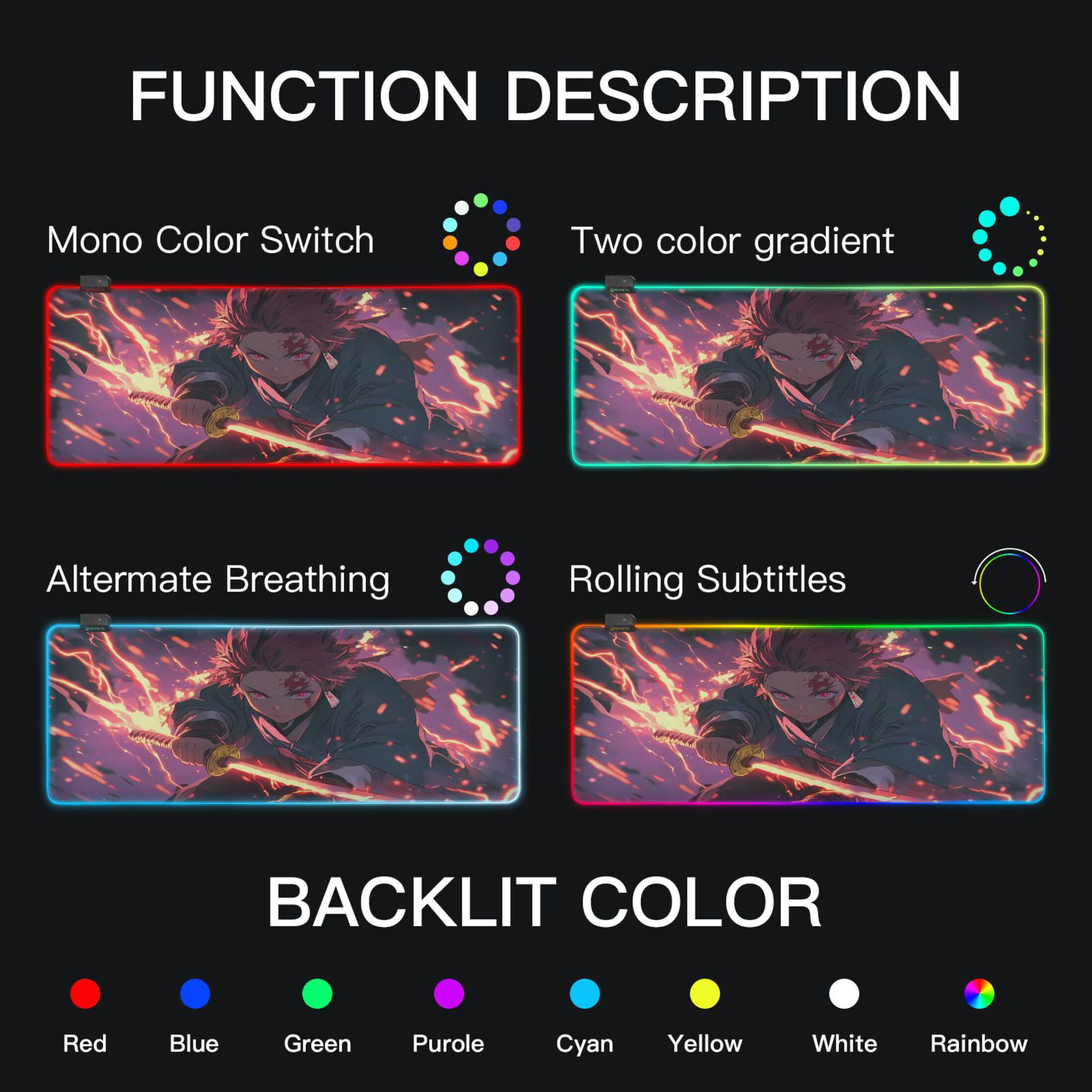 Large RGB Gaming Mouse Pad Led Glowing Mousepad Non-Slip Rubber Base 13 Light Modes 35.4x15.7 Kamado Tanjirou Waving Sword