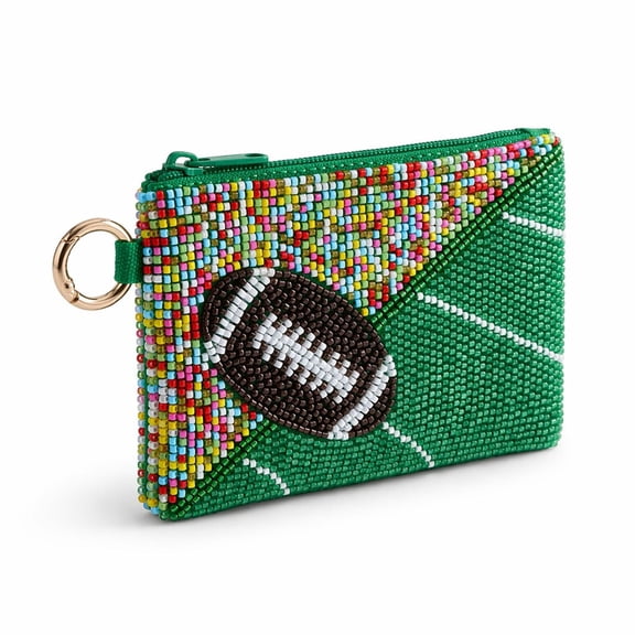 Sulaicai Women's Football Game Day Beaded Zipper Coin Purse with Key Ring, Compact Sports Themed Mini Clutch Wallet for Game Day & Daily Use