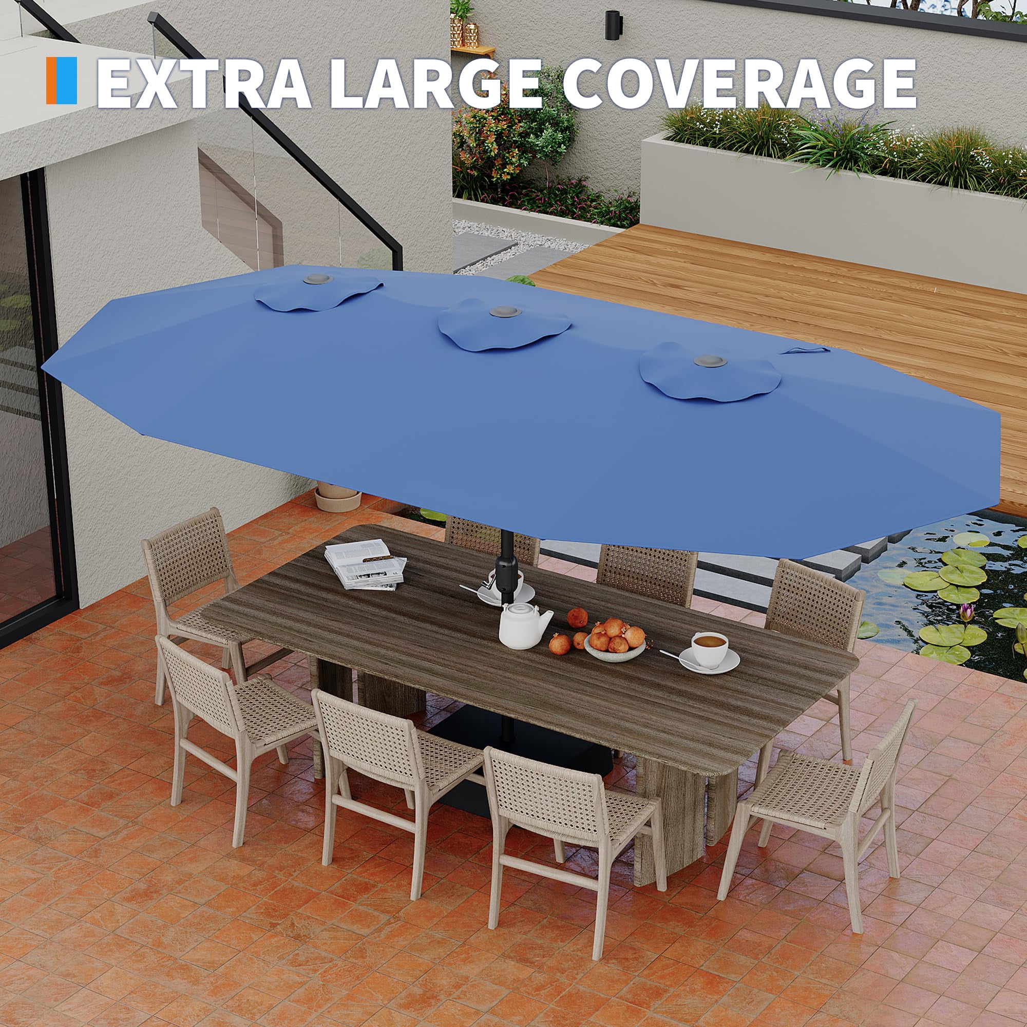 Garvee 15ft Double-Side Large Patio Umbrellas with Base Included, Rectangular Outdoor Pool Table Umbrella, UV Protective, Outside Market Umbrellas for Poolside Lawn Backyard Deck