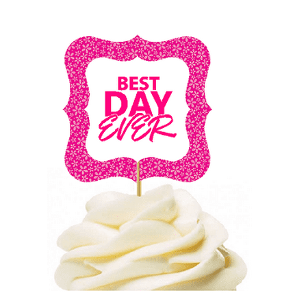 12pack Best Day Ever Hot Pink Flower Cupcake Desert Appetizer Food Picks for Weddings, Birthdays, Baby Showers, Events & (Best Price Flower Delivery)