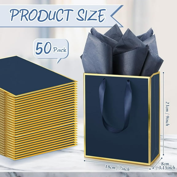 50 Pack Metallic Gift Bags with Handle & Tissue Paper - Navy Blue & Gold for Wedding, Shower, Birthday