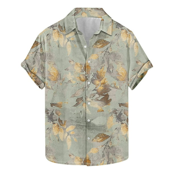 Camisas de Manga Corta de los Hombres Casual Hoja Impresión Solapa Superior, Mezcla de Poliéster/Spandex de la Moda para la Fiesta Y la Playa