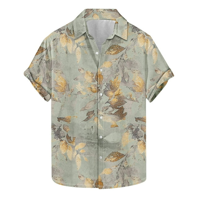 Camisas de Manga Corta de los Hombres Casual Hoja Impresión Solapa Superior, Mezcla de Poliéster/Spandex de la Moda para la Fiesta Y la Playa