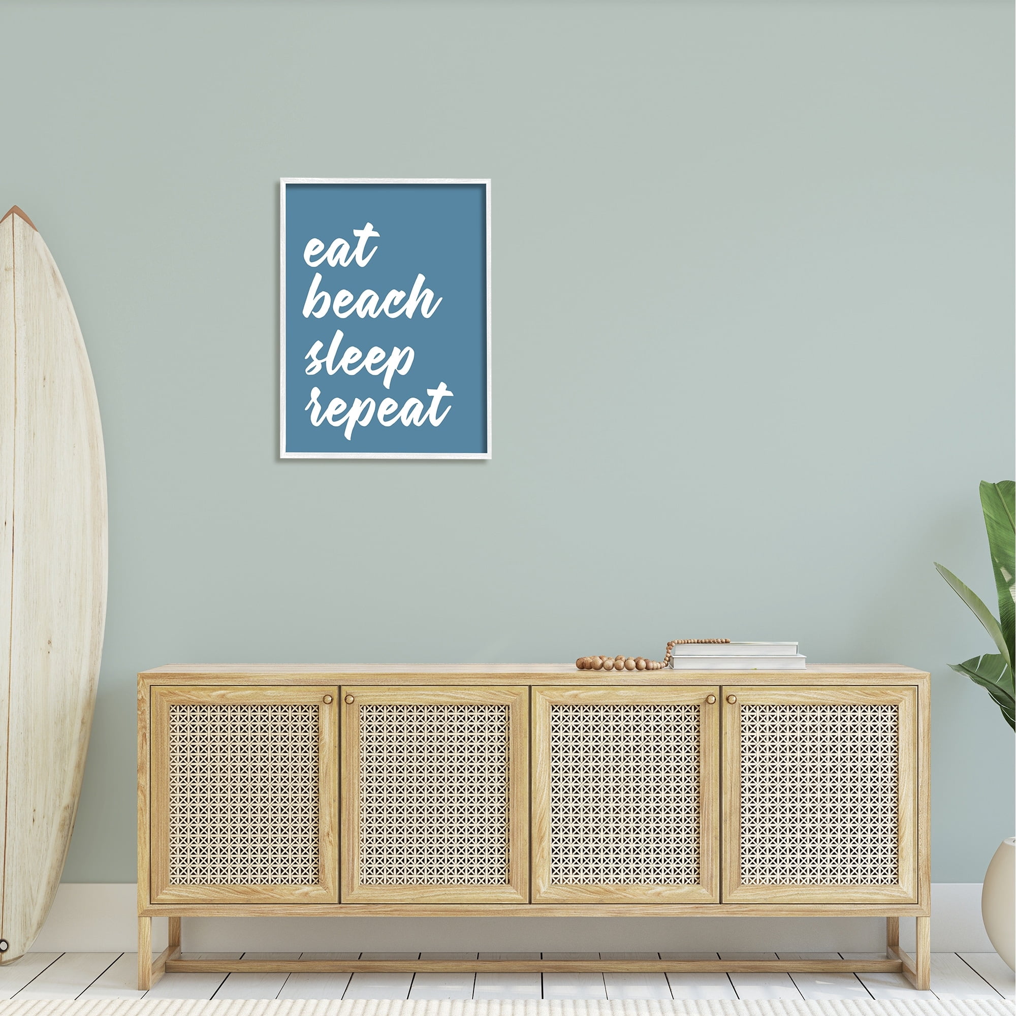 Stupell Industries Eat Beach Sleep Repeat Blue Script Phrase Graphic Art White Framed Art Print Wall Art, Design by Lettered and Lined
