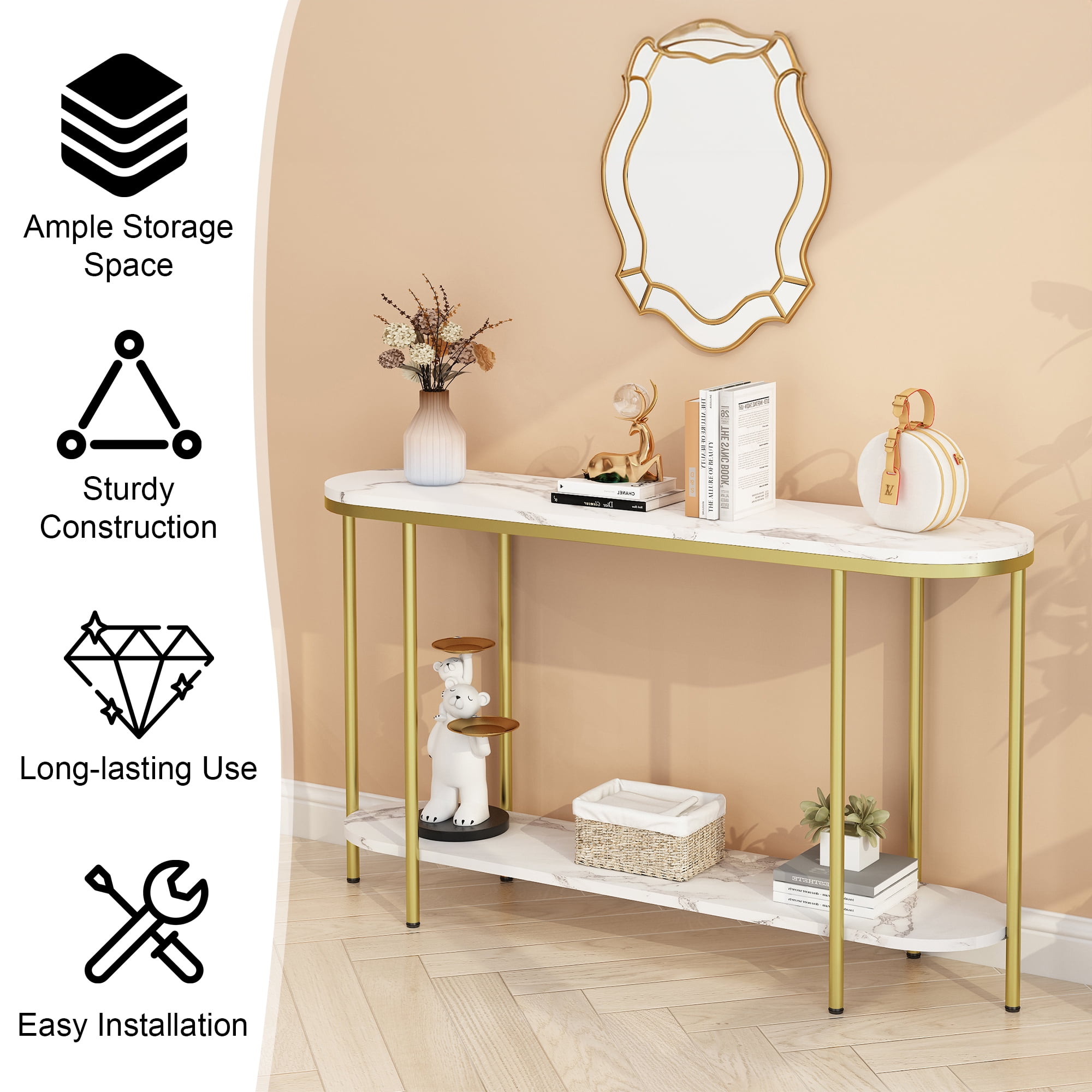 2-Tier Oval Console Table, White Faux Marble Top with Gold Metal Frame, Modern Entryway Table with Open Shelf, 45.08 in x 13.58 in x 4.13 in