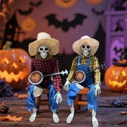 2Pcs Halloween Banjo Playing Skeletons, Funny Animated Dueling Banjo Skeletons Country Cowboy Skeleton Musicians with Movable Joints for Prop Decor halloween decorations (15.75 In ,Red&Yellow)