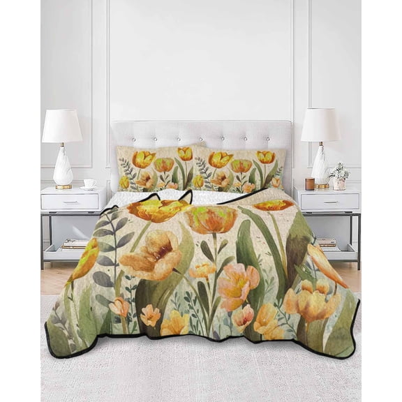 Quilts Twin Size, Yellow Orange Spring Floral Soft Comforter Bedding Set for Bed, Summer Botanical Tulip Vintage Lightweight Quilted Bedspread with Pillow Cover(2 Pieces) for All Season, 68x86 Inch