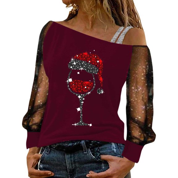 Women Christmas Outfit Off Shoulder Long Sleeve T Shirt with Elegant Lace Detail for Daily Wear and Comfortable Casual Outfit Red M