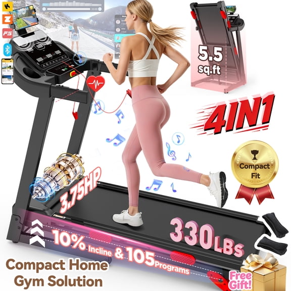 3.75HP Treadmill for Home, Foldable with 10% Incline, Free Courses, 105Training Programs, APP Connectivity & Bluetooth Speakers, 330 lbs Capacity, 7.5MPH, Walking Jogging Exercise Machine, Knee Strap