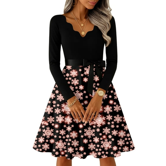 Women's Casual Fashion Long Sleeve Christmas Graphic Printed Vintage Long Dresses, V-Neck, Retro Style, Holiday Print, Party Dress, Casual Wear, Festive,Pink,5XL