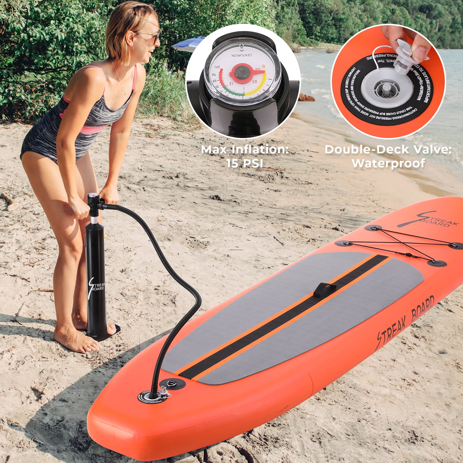 streakboard Inflatable Stand Up Paddle Board SUP, Non-slip Deck with 3 Fins, 10FT Adjustable Paddle, Backpack, Leash