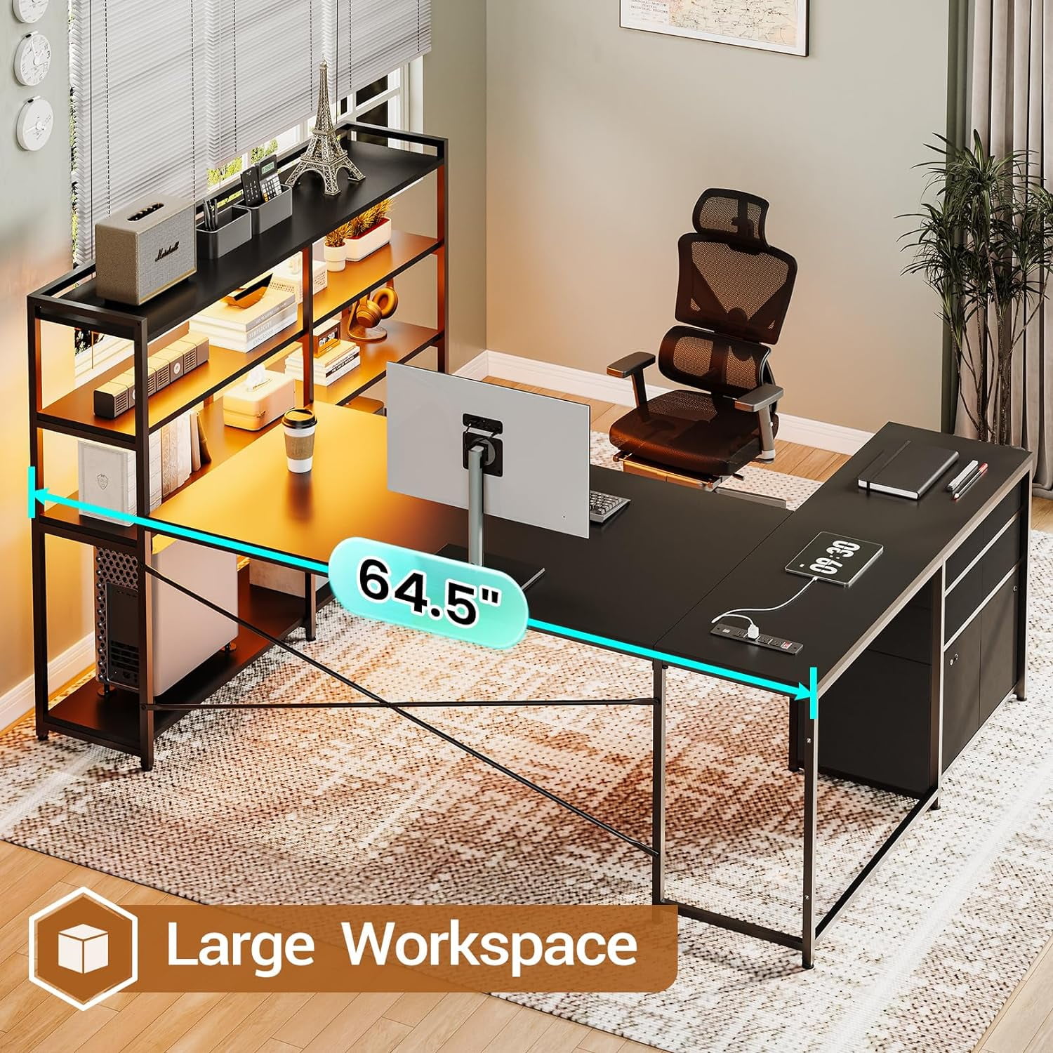 Black Computer Desk with Drawers, 64.5" Reversible Office Desk with Fabric File Drawer, Corner Computer Desk with Power Outlet & LED Strip and Storage Bookshelf