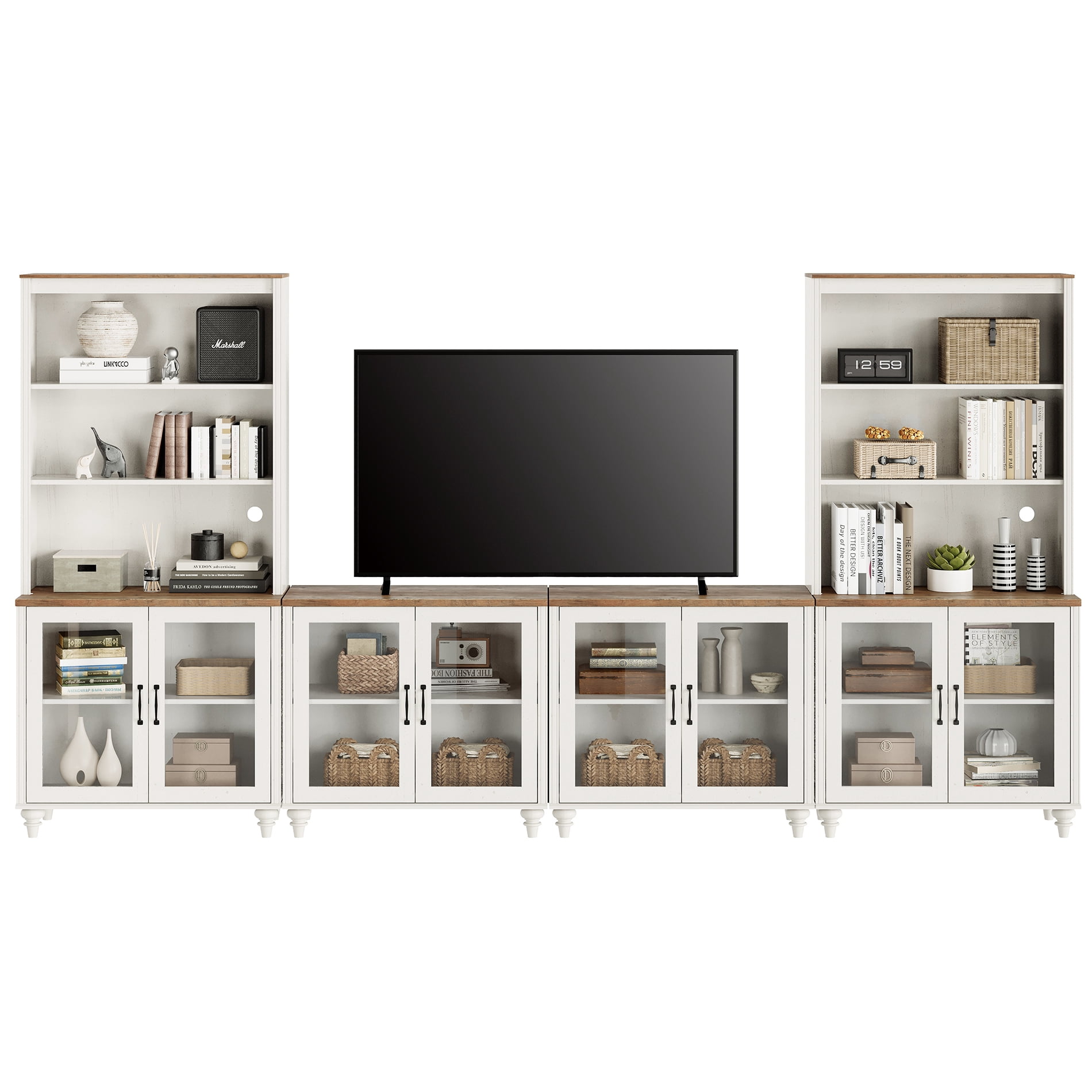 Entertainment Center with Bookshelves for TVs up to 75", Farmhouse Wall Unit TV Stand with Glass Doors, Media Console Table for Living Room, Bedroom & Home Theater, White