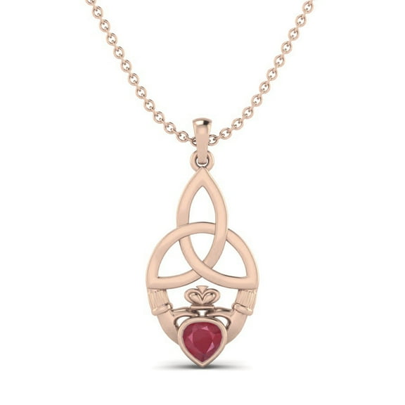 0.43 Cts Heart Shape Ruby Glass Filled Claddagh Women Traditional Necklace 925 Sterling Silver Rose Vermeil