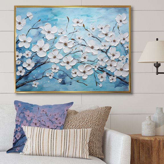 Designart "Serene Dogwood Enchantment III" Flower Field Floater Framed Wall Art Living Room