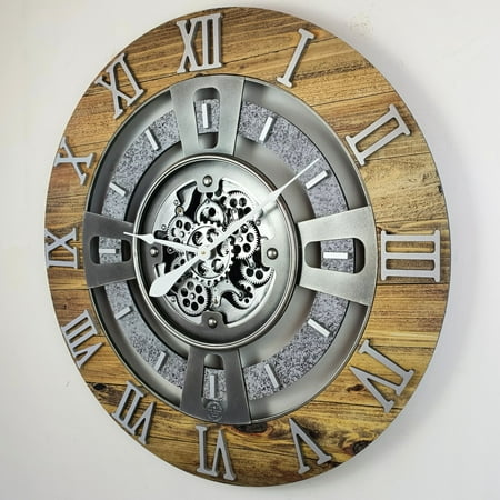 THE GEARS CLOCK Wall Clock with Real Moving Gears EN-LI_ 36 in Round Wood-Stone
