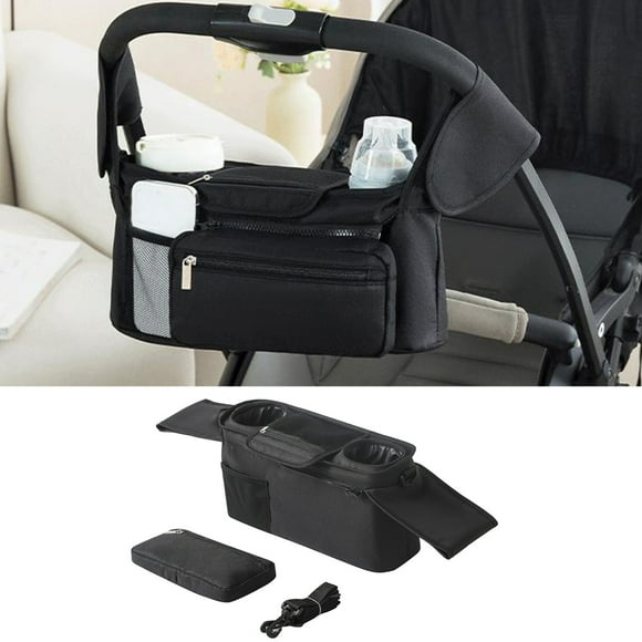 Universal Multipurpose Stroller Organizer with Two Insulated Cup Holders Pushchair Caddy Detachable Pocket Adjustable Shoulder Strap Pram Storage for Outdoor Hiking Camping Travel