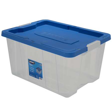 HART 68 Quart Clear Latching Plastic Storage Bin Container, Clear with Blue Lid, Set of 4