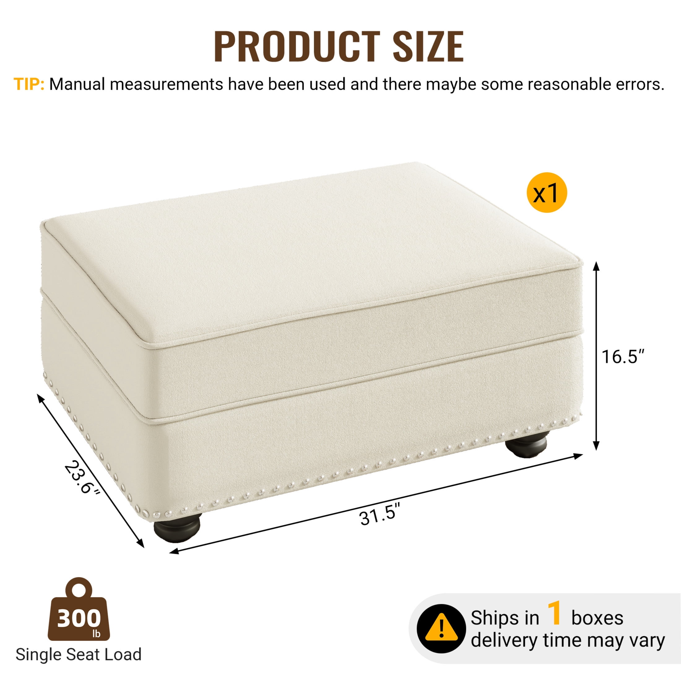 Noble House Kieran 31.5" Velvet Ottoman, Modular Sectional Extension Footstool and Coffee Table Seat, Beige White
