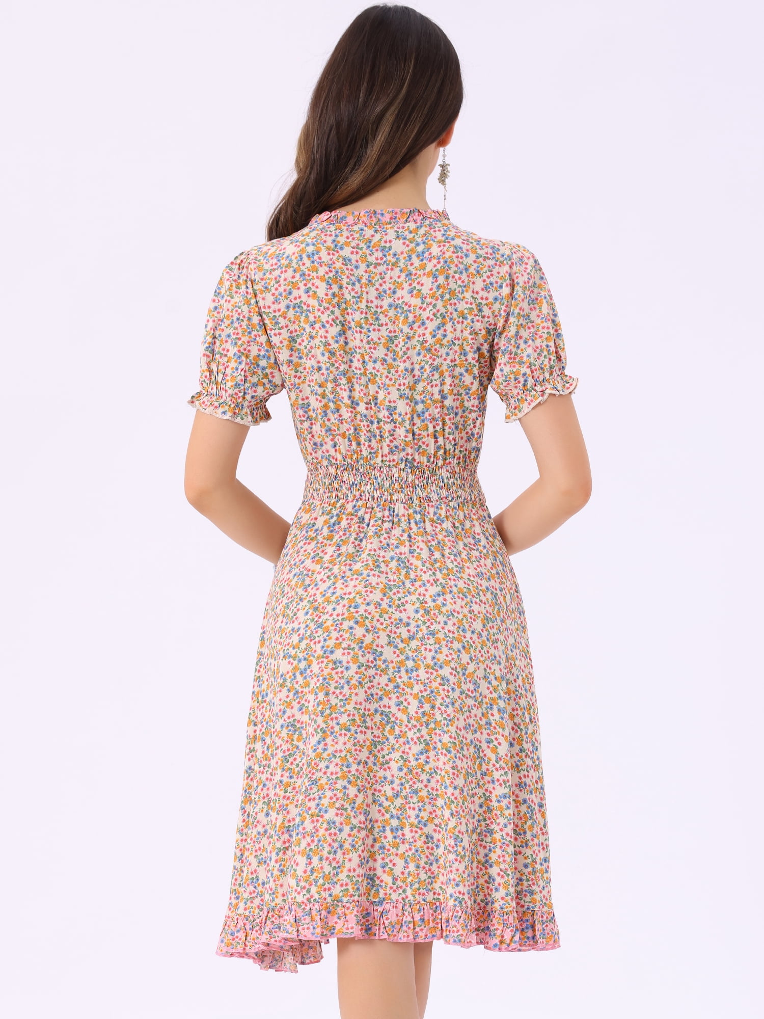 DARING DIVA Floral Ruffle Neck Smocked Waist Dress L Beige