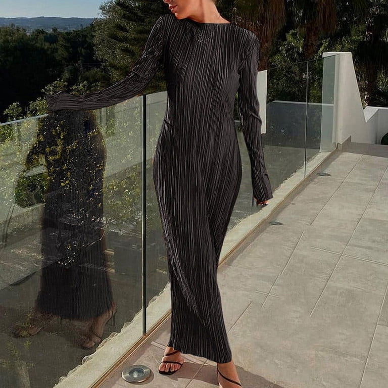 Olyvenn Womens Knitted Ankle Length Sweater Dress Slim Fit Casual Twist  Knit Loose Smocked Long Sleeve Prom Dress Trendy Fashion Winter Slip  Classic Solid House Dress Boat Neck Blouse Black 8 -
