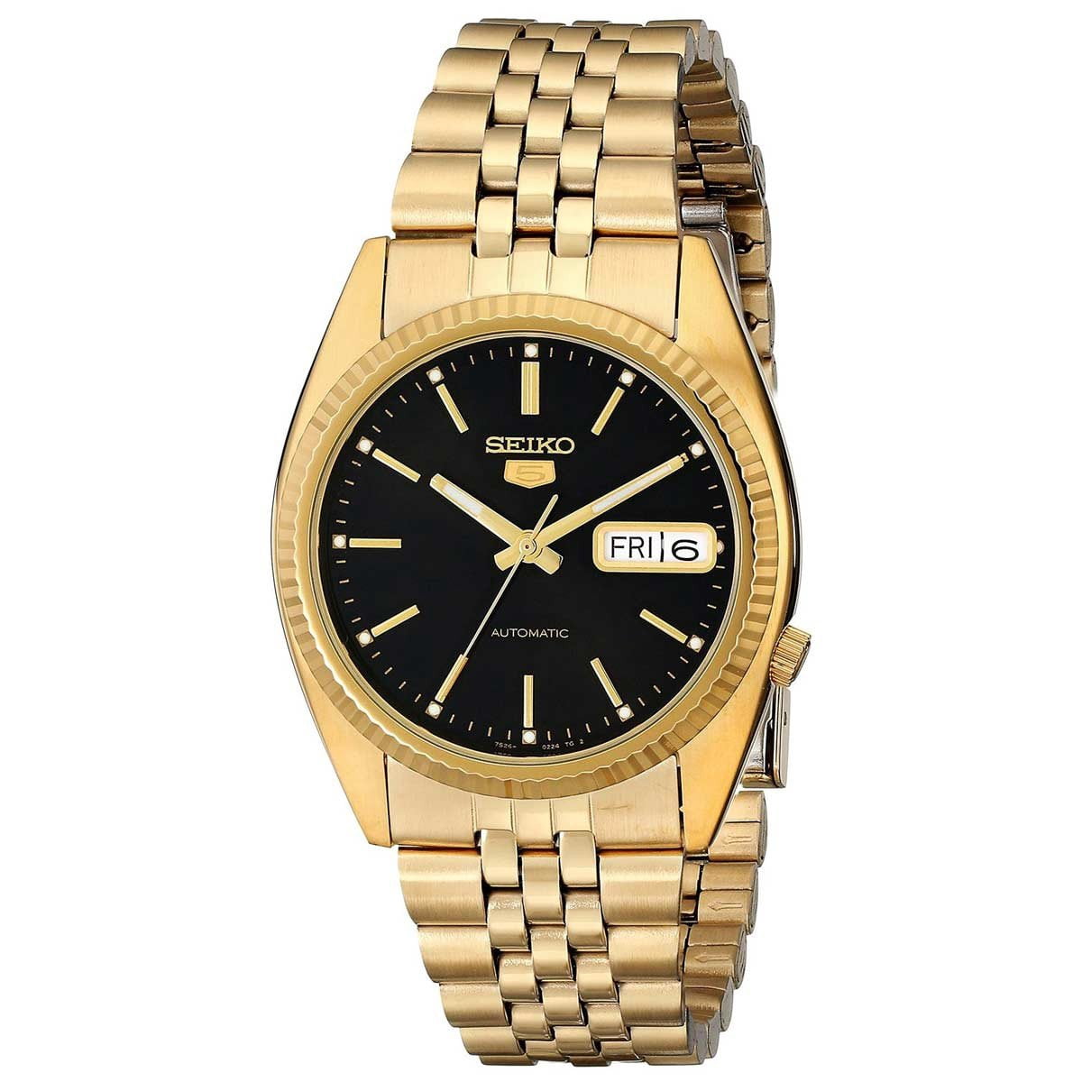 Seiko Men's SNXZ16 5 Automatic Black Dial Yellow Gold Plated Steel