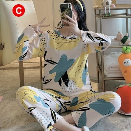 

Pajamas women spring and autumn Korean style fresh student long-sleeved sweet and cute home service suit(C L)