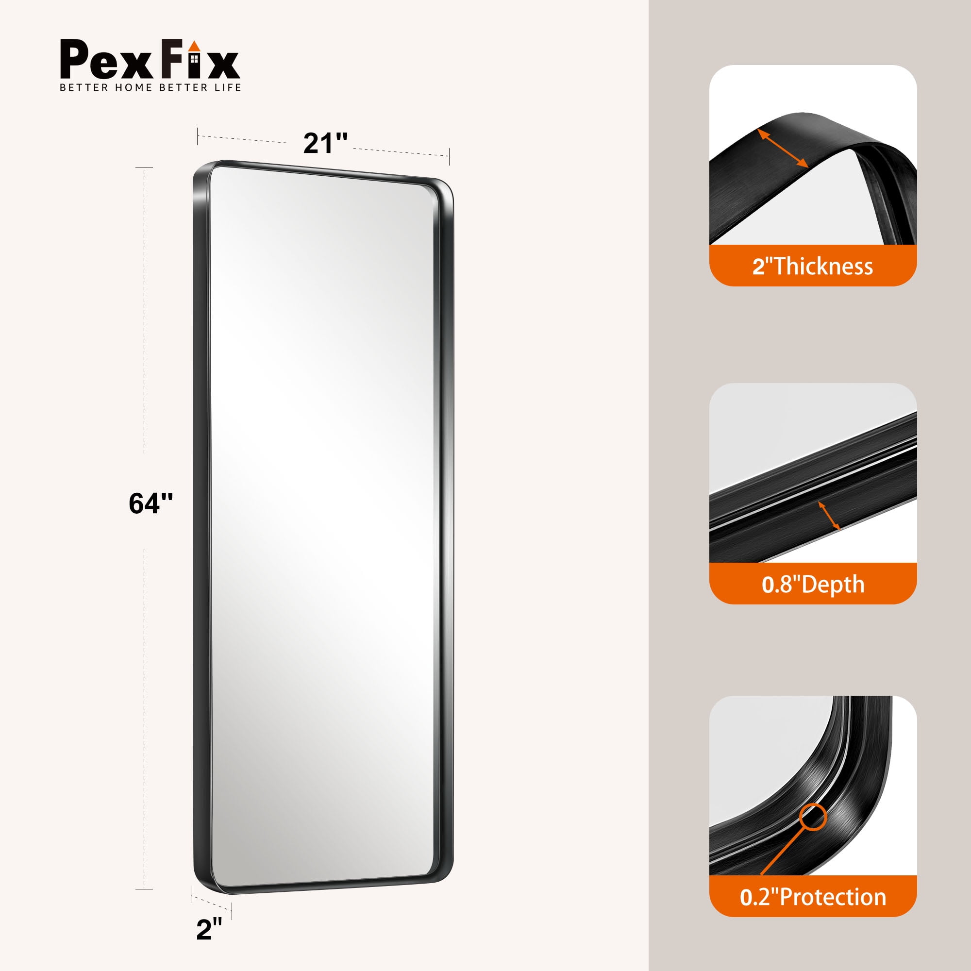64"x21" Aluminum Alloy Wall Mount Rounded Corner Rectangular Mirror,Black no stand