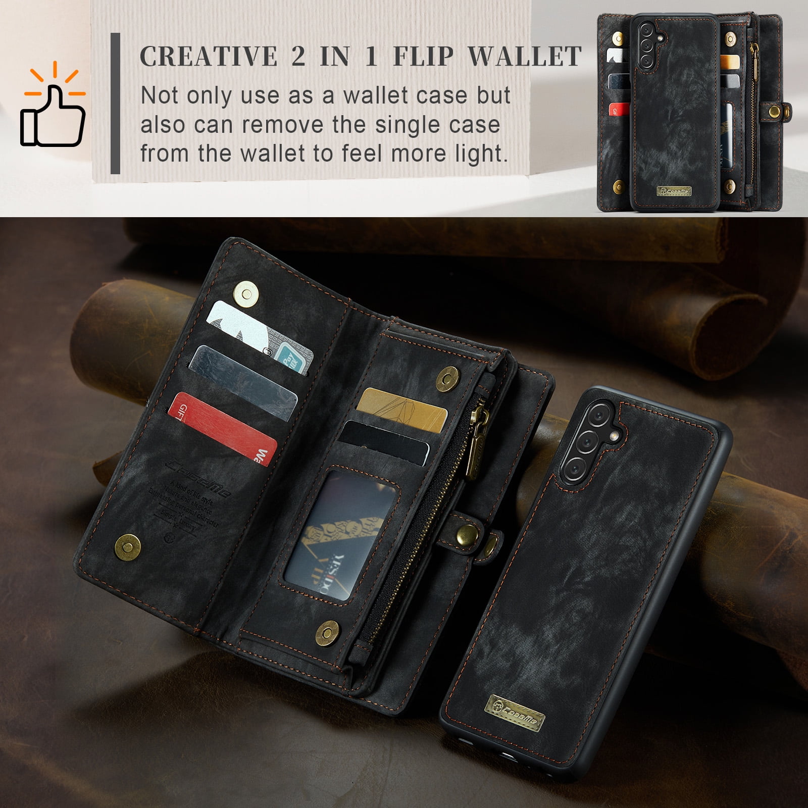 Feishell Durable 2- In-1 Magnetic Detachable Wallet Case for Samsung Galaxy S25,for Women Men,Premium PU Leather Zipper Pocket Flip Multi Card Slots Purse Phone Case with Wrist Strap,Black