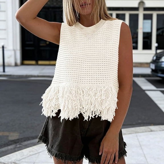 Vivianyo HD Women's Fringe Hem Hollow Knit Sleeveless Tank Top, Boho Crochet Casual Crop Vest Top, Women's Beige, Sizes S-2XL