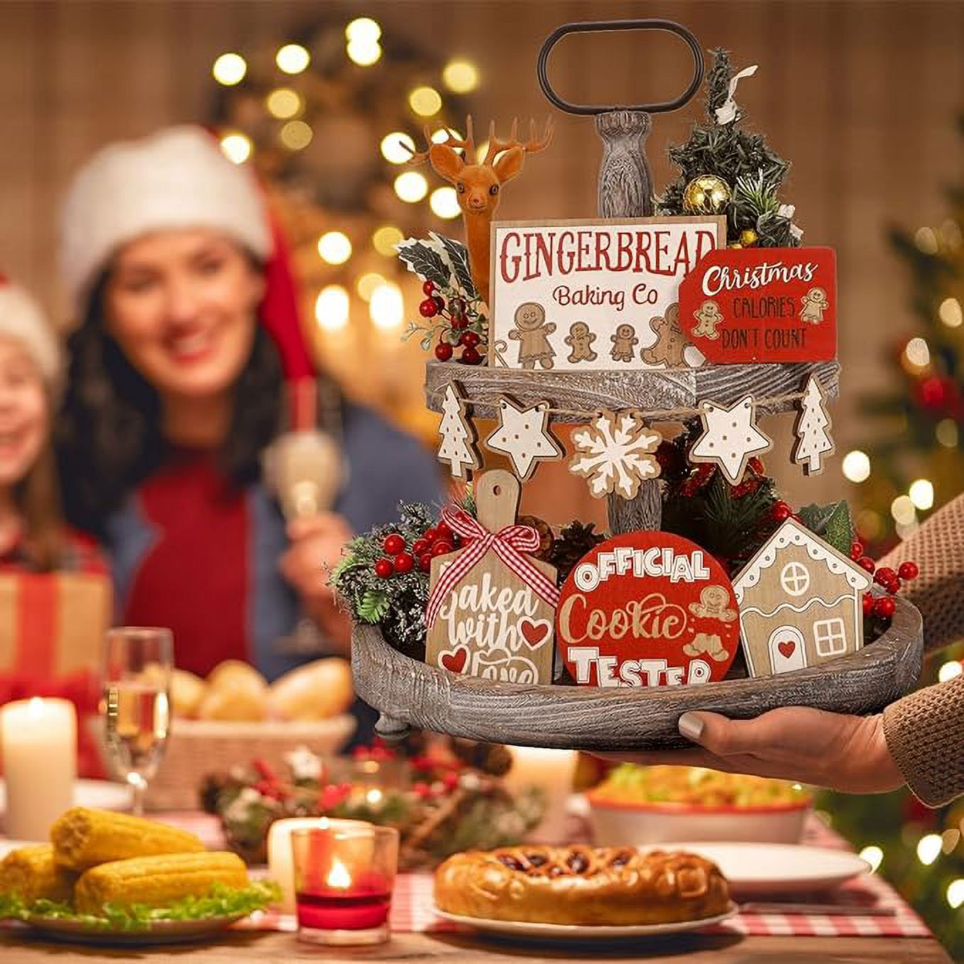 12Pcs Christmas Tiered Tray Decor Christmas Wood Tabletop Decor Gingerbread Man Xmas Tabletop Farmhouse Coffee Signs Snowmen for Christmas Winter Farmhouse Home Party Holiday Decoration