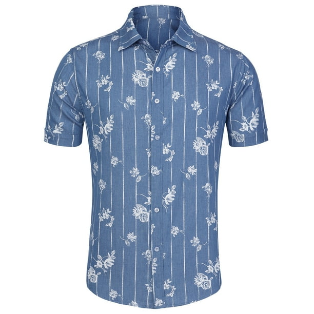 CAMISA CHIC PARA HOMBRE Estampado de espina de pez Cuello de punta Manga corta Botón Abajo Azul-3 42