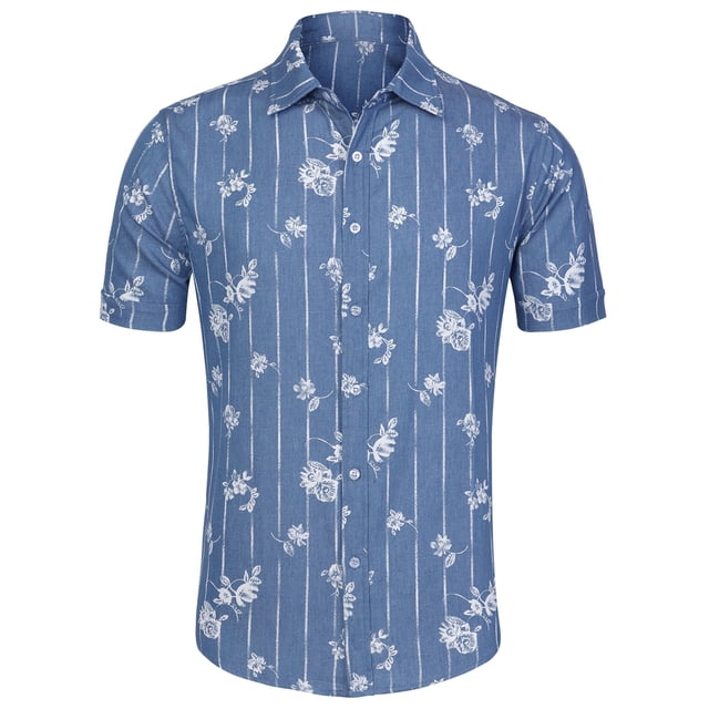 CAMISA CHIC PARA HOMBRE Estampado de espina de pez Cuello de punta Manga corta Botón Abajo Azul-3 42