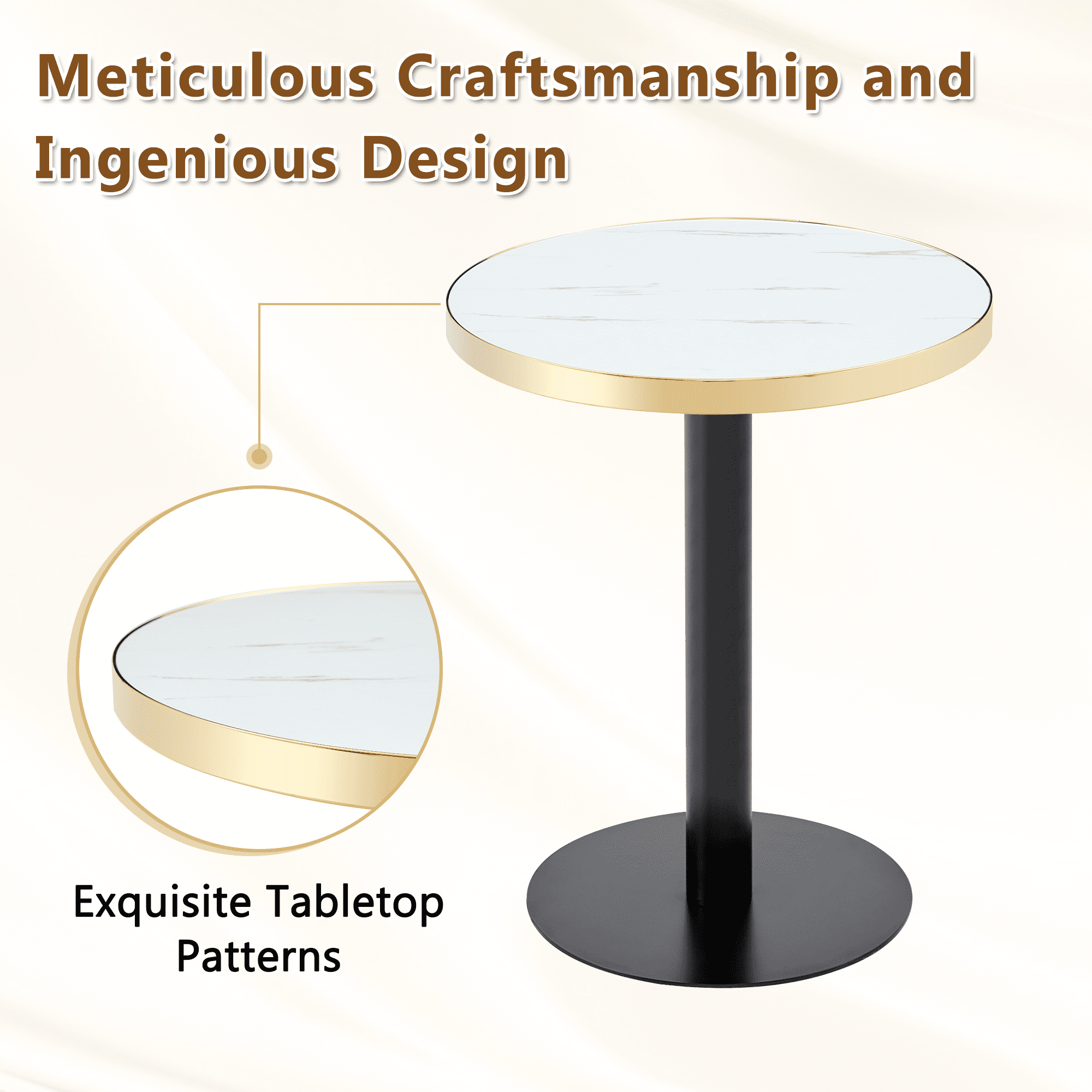 23.6" Round MDF sprayed with UV paint countertop, marble texture, stainless steel edging, metal table legs, modern light luxury edge/coffee table.