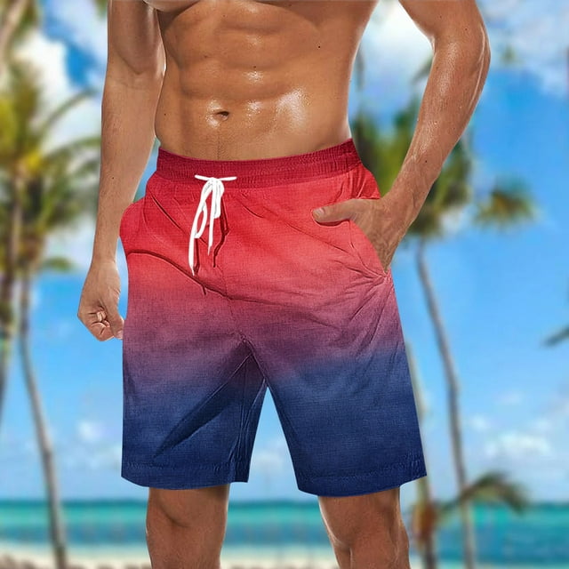 RKSTN Swim Shorts for Mens Gradient Print Plus Size Color Blocking Elastic Waist Drawstring Casual Versatile Beach Vacation Board Shorts with Pockets