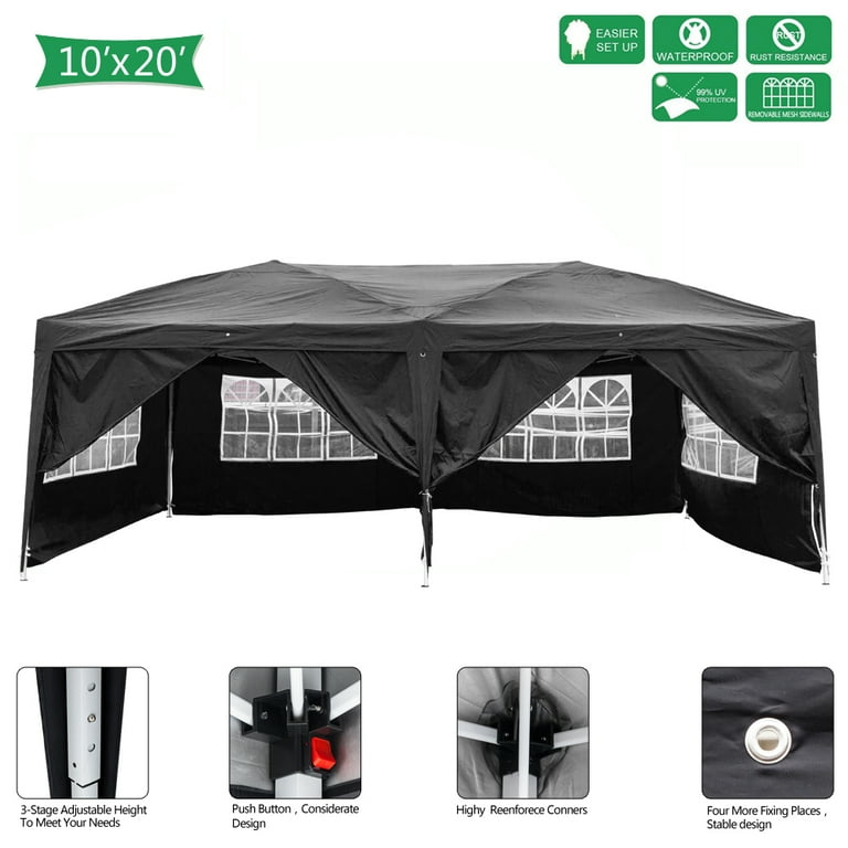 OverPatio Canopy Tent Easy Pop Up Tent Party Canopy Gazebo with 6 Walls 10 x 20 Black