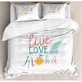 thumbnail image 1 of Beach Saying Duvet Cover Set Queen Size, Live Love Aloha Inspirational Text Words with Abstract Fruit, Decorative 3 Piece Bedding Set with 2 Pillow Shams, Vermilion Pale Blue Orange, by Ambesonne, 1 of 3