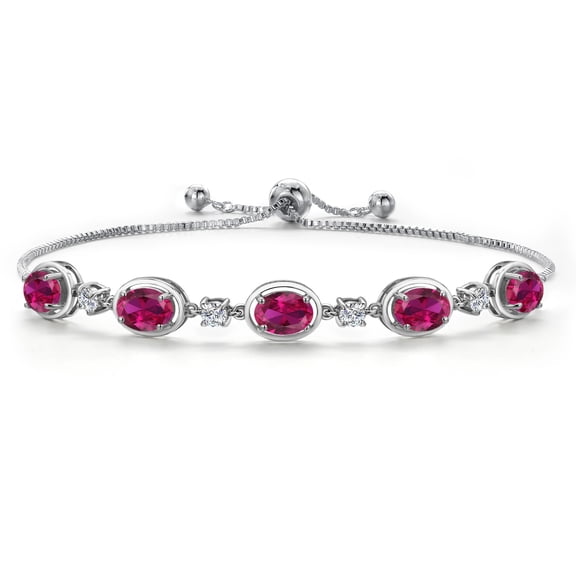 Gem Stone King 925 Sterling Silver Red Created Ruby Bracelet for Women | 4.25 Cttw | Oval 7X5MM | Bollo Bracelet | Fully Adjustable up to 9 inch | Easy-On Easy-Off