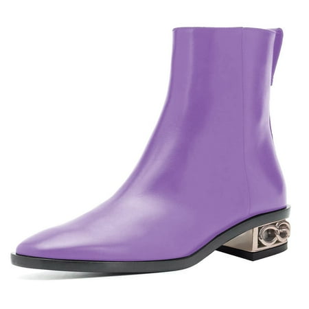 YDN Women Square Closed Toe Ankle Boots Chain Hollowed Chunky Low Heels Side Zipper Short Booties Ladies Winter Dress Shoes Size 6.5 Purple