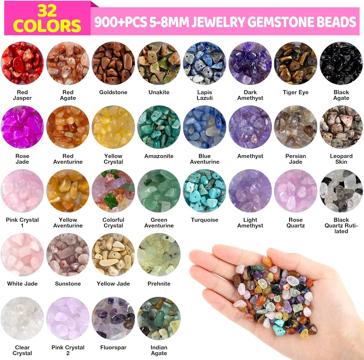 32 Colors Crystal Beads for Jewelry Making,1200 Pcs Natural Stone Beads Bracelet Making Kit Adults 5-8mm Irregular Crystals and Gemstones Chips for Bracelet Necklace Earring DIY Craft