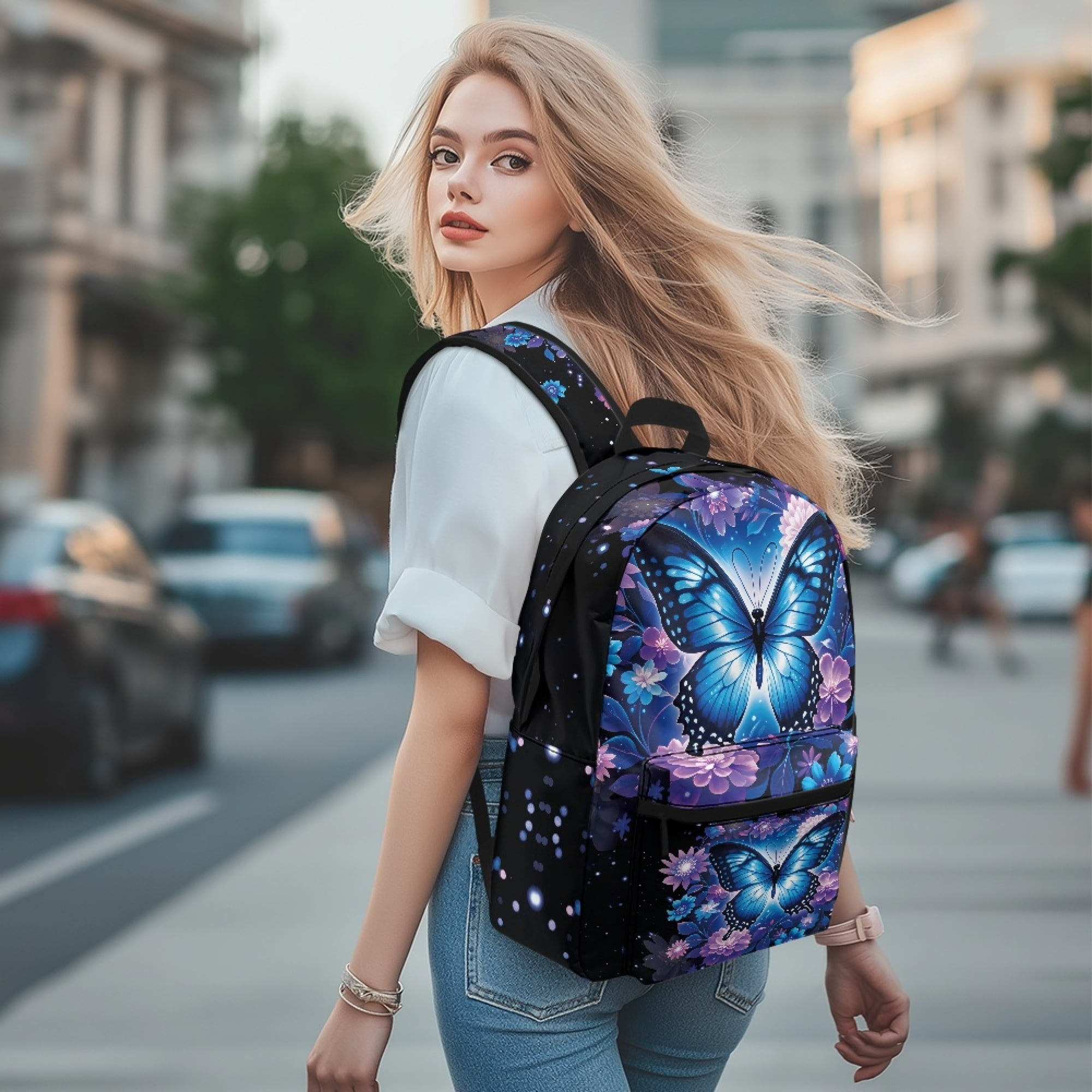Chririnla Blue Butterfly Floral School Backpack Set for School Students Girls Boys Casual Dailypack Bookbag