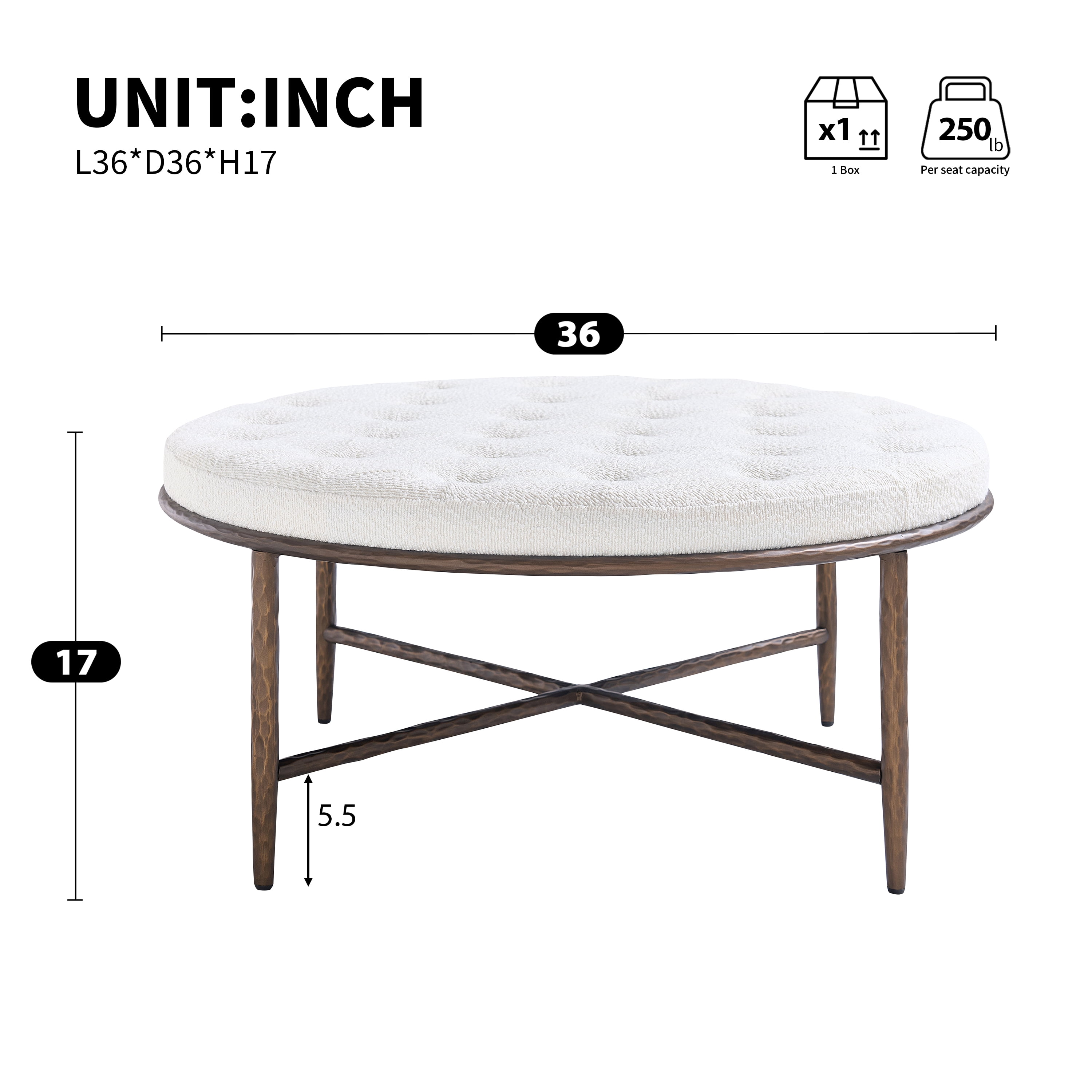 GARITIN Round Tufted Ottoman 36 Inch, Large Upholstered Footstool Coffee Table with Hammered Metal Frame for Living Room, Beige