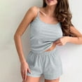 thumbnail image 5 of Kilaqueen Solid Color Pajama Set Women Sleeveless Casual Spaghetti Strap U Neck Waist Drawstring Short Knit Lounge Set 2 Piece Outfits, 5 of 5