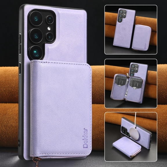 Allytechgroup 2-in1 Magnetic Zipper Wallet Case for Galaxy S26 Ultra with Detachable Cards Slots/Cash Pockets, Compatible with Magsafe PU Leather Wireless Charging Cover, Purple