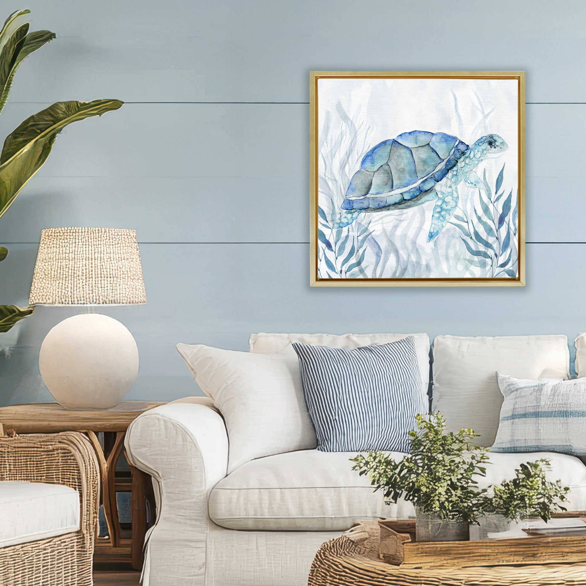 Stupell Industries Smiling Turtle Gaze Gold Framed Floater Canvas Wall Art, design by Janet Tava