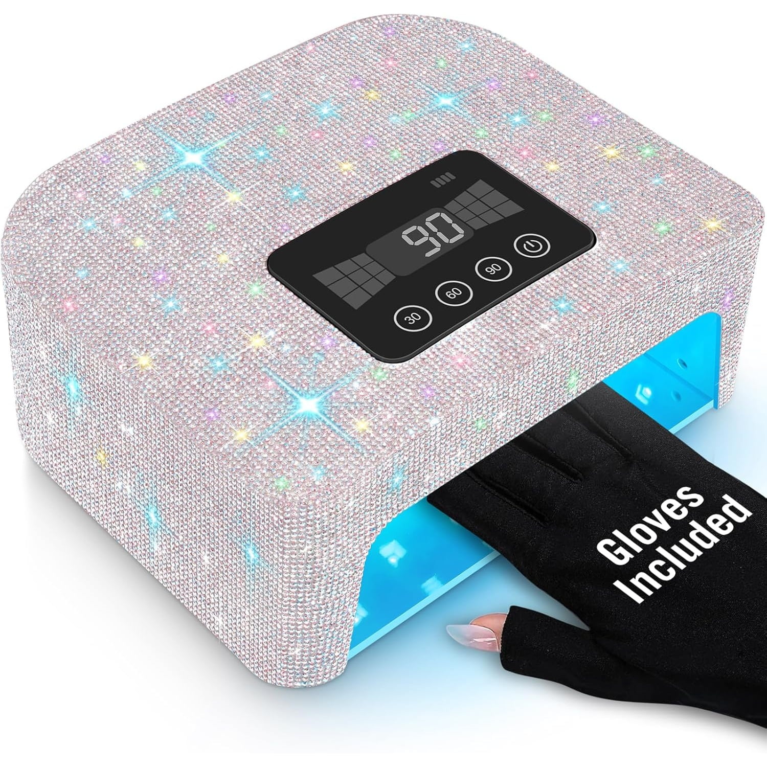 Cordless UV Nail Lamp, Rechargeable UV Light for Gel Nails, LED Nail Lamp with 4 Timer Modes, Gel Nail UV Light Decorate with Sparkling Nail Rhinestones (Sparkly White)