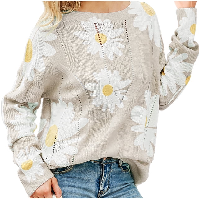 IROINID Pull Femme Col Rond Imprimé Ample Mi-Long Manches Longues Marguerite