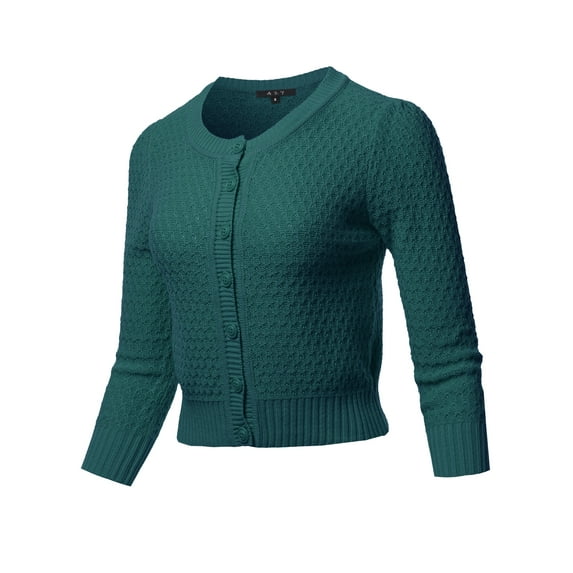 A2Y Women's Solid Cropped 3/4 Sleeve Button Down Crew Neck Knit Cardigan Sweater Peacock 2XL